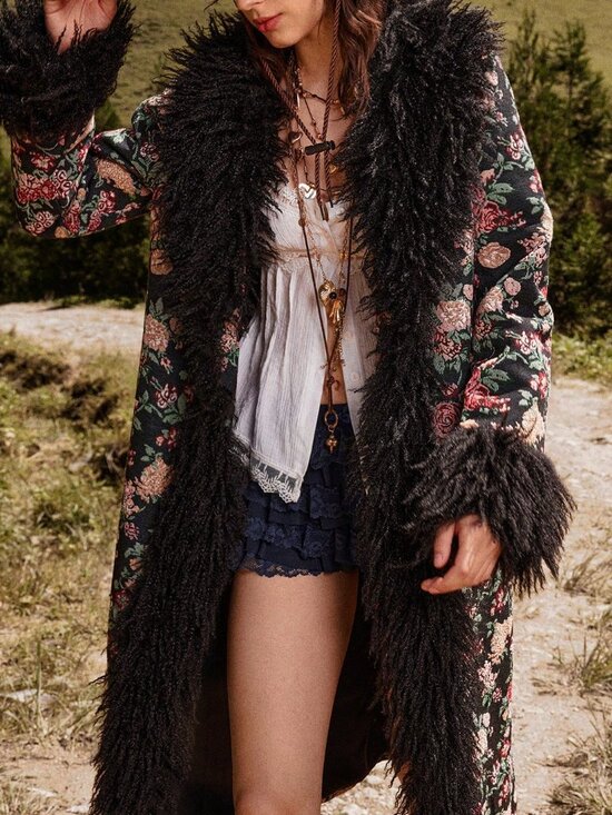 Boho Beauty Women's Casual Long Sleeve Jacquard Woven faux fur trim Jacket - Picture 2 of 11